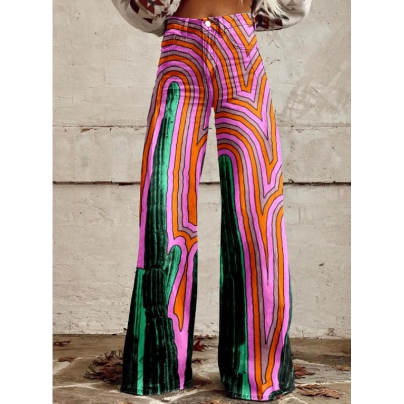 Women's Printed Flare Pants – Mid-Waist Full Length Plus Size FitiqueFit