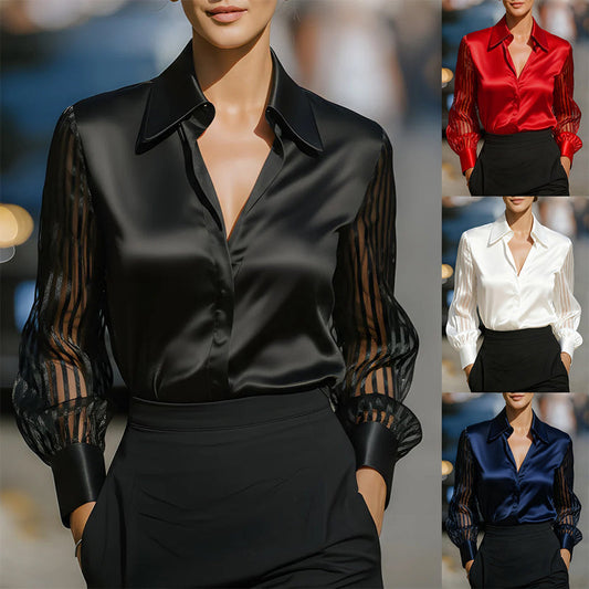 Women’s Satin Lapel Collar Blouse – Sheer Long Sleeve Button-Down Shirt for Office & Spring/Autumn Wear FitiqueFit
