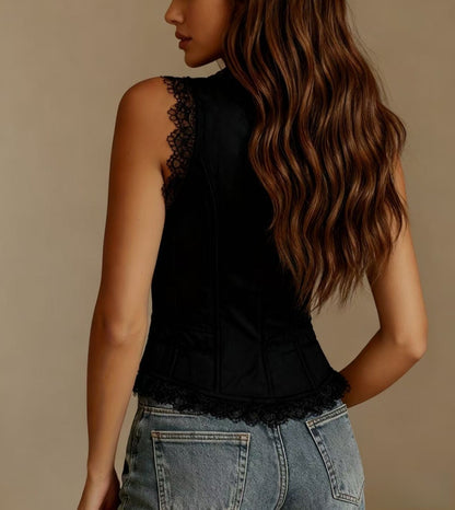 Lace Trim Button-Down Crop Tank Vest Women FitiqueFit