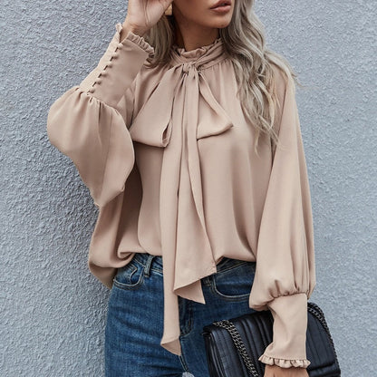 Ins Long-sleeved Blouse Bowknot Puff Sleeves Fashion Commuter Office Tops Women's Clothing See size chart under “more details” The Fashion Celestial