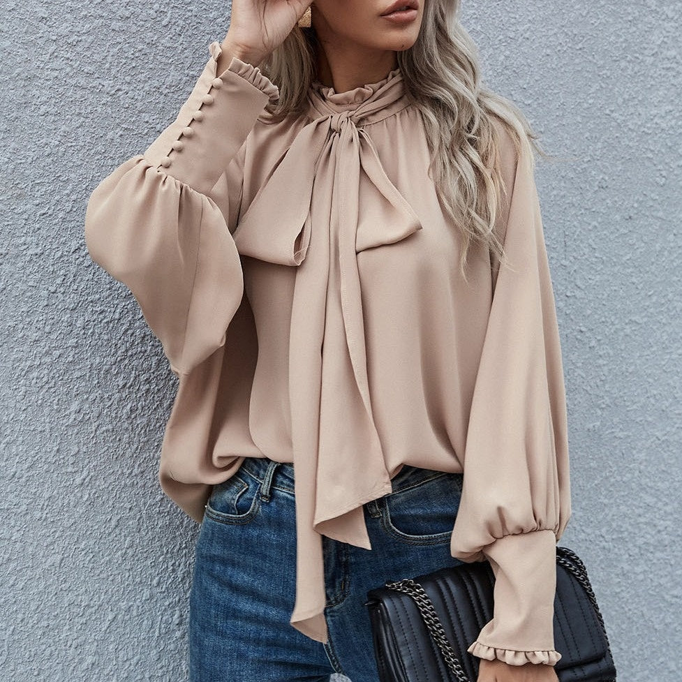 Ins Long-sleeved Blouse Bowknot Puff Sleeves Fashion Commuter Office Tops Women's Clothing See size chart under “more details” The Fashion Celestial