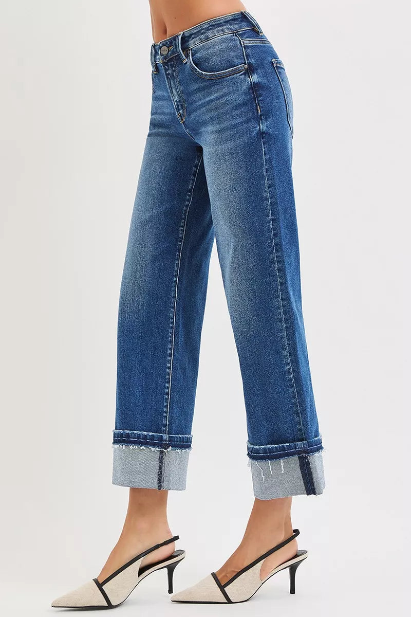 RISEN Mid Rise Ankle Straight Jeans with Cuffed Hem West2East Surf