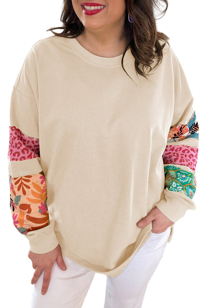 Green Plus Size Printed Patchwork Sleeve Split Sweatshirt Garden Naked Curves