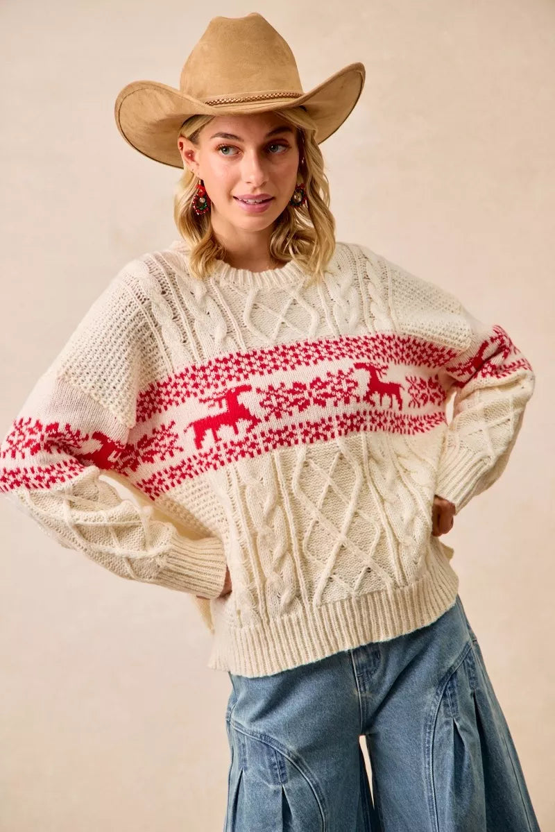 BiBi Christmas Theme Patterned Cable Knit Sweater FitiqueFit