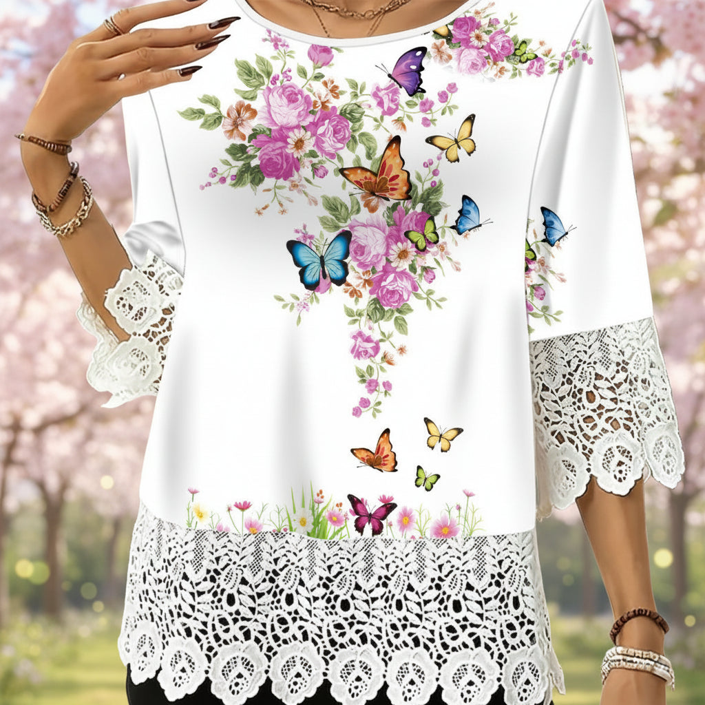 Printed Patchwork Three-Quarter Sleeve Top – Women's Loose Fit Pullover FitiqueFit