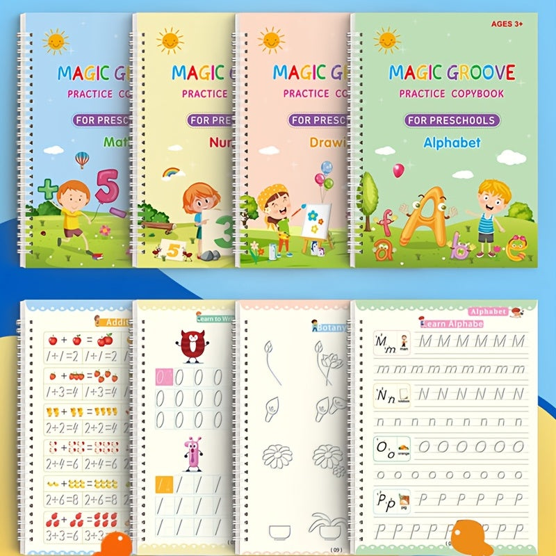 4-Piece Set of Kindergarten Learning Supplies: Children's Hard Pen Grooved Copybook, Magic Calligraphy Practice Book, Educational and Scientific Toy Grooved Copybook, Fade-Resistant Embossed Writing Practice Book, Reusable Ma NovaCart