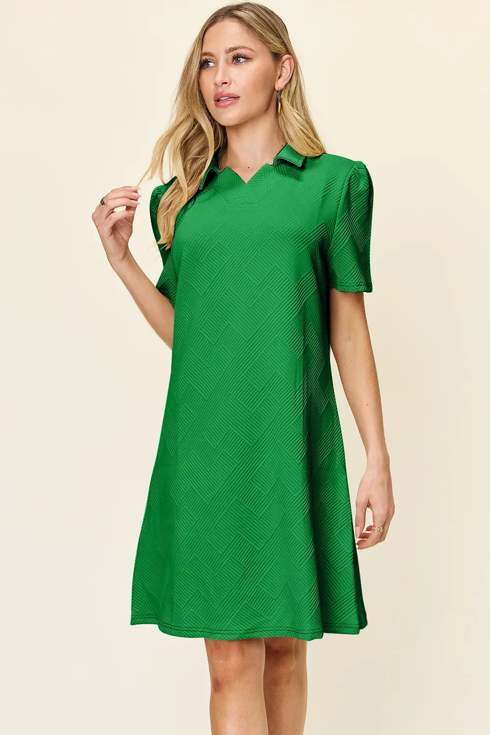 Double Take Full Size Texture Collared Neck Short Sleeve Dress West2East Surf