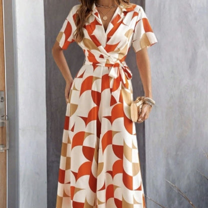 Women's Geometric Print Lace-Up Shirt Jumpsuit – Wide-Leg High-Waist Boho FitiqueFit