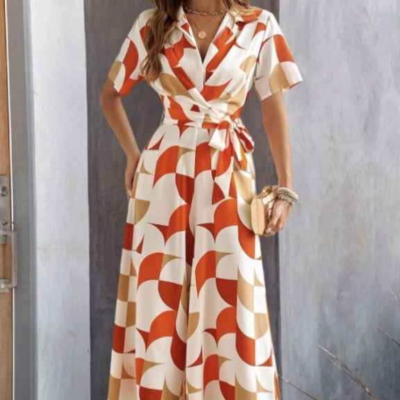 Women's Geometric Print Lace-Up Shirt Jumpsuit – Wide-Leg High-Waist Boho FitiqueFit