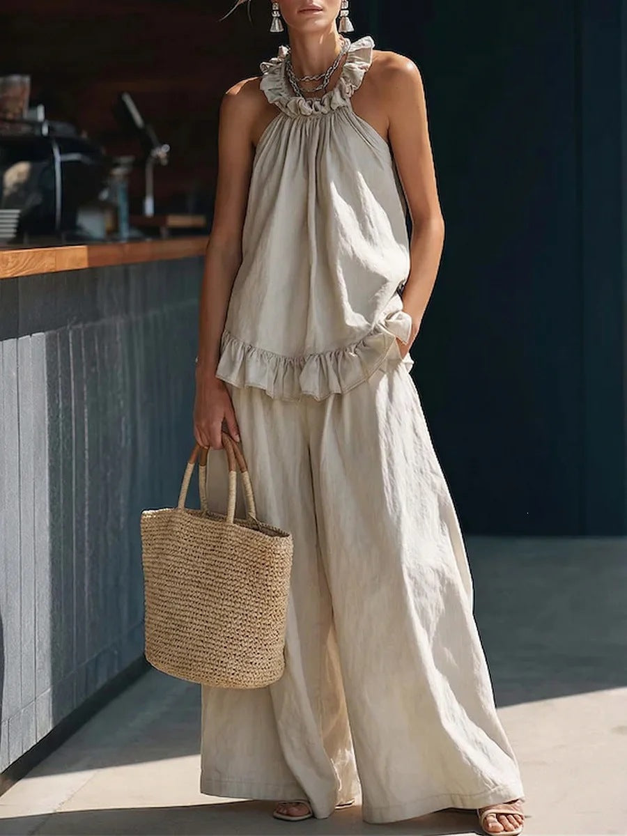 Halterneck Loose Two-Piece Set | Pleated Asymmetric Pocket Set FitiqueFit