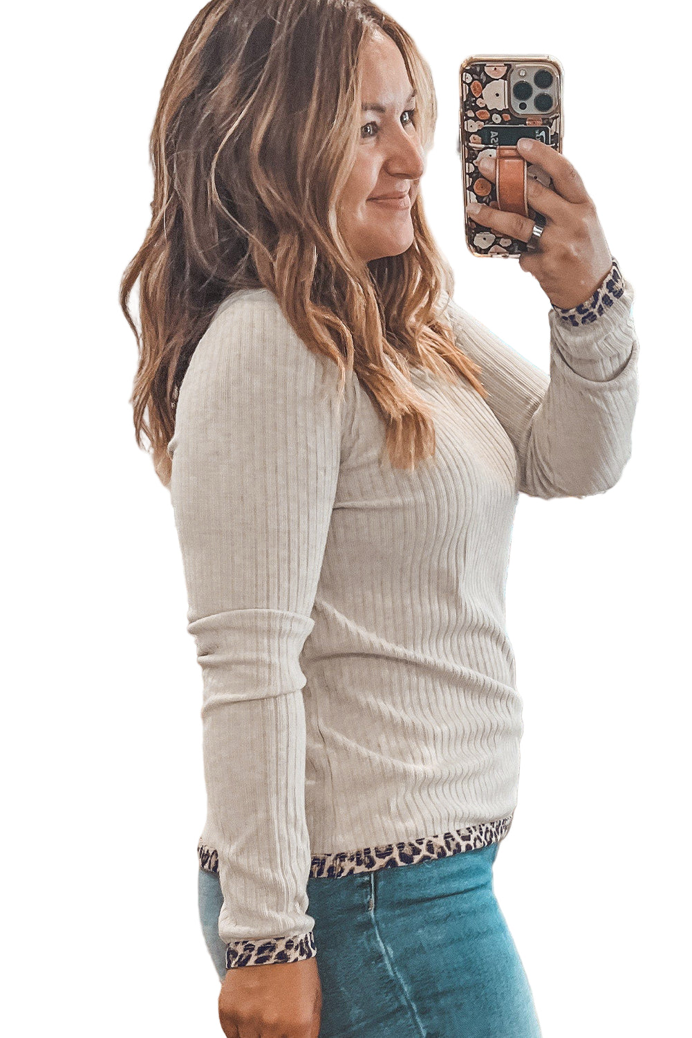 Parchment Ribbed Contrast Leopard Edge Round Neck Plus Size Top Garden Naked Curves