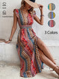 Women's Boho Geometric Print Puff Sleeve A-Line Maxi Dress – 3 Colors S–XL FitiqueFit