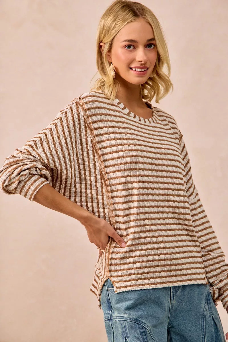BiBi Open Seam Detail Textured Stripe Knit Top West2East Surf
