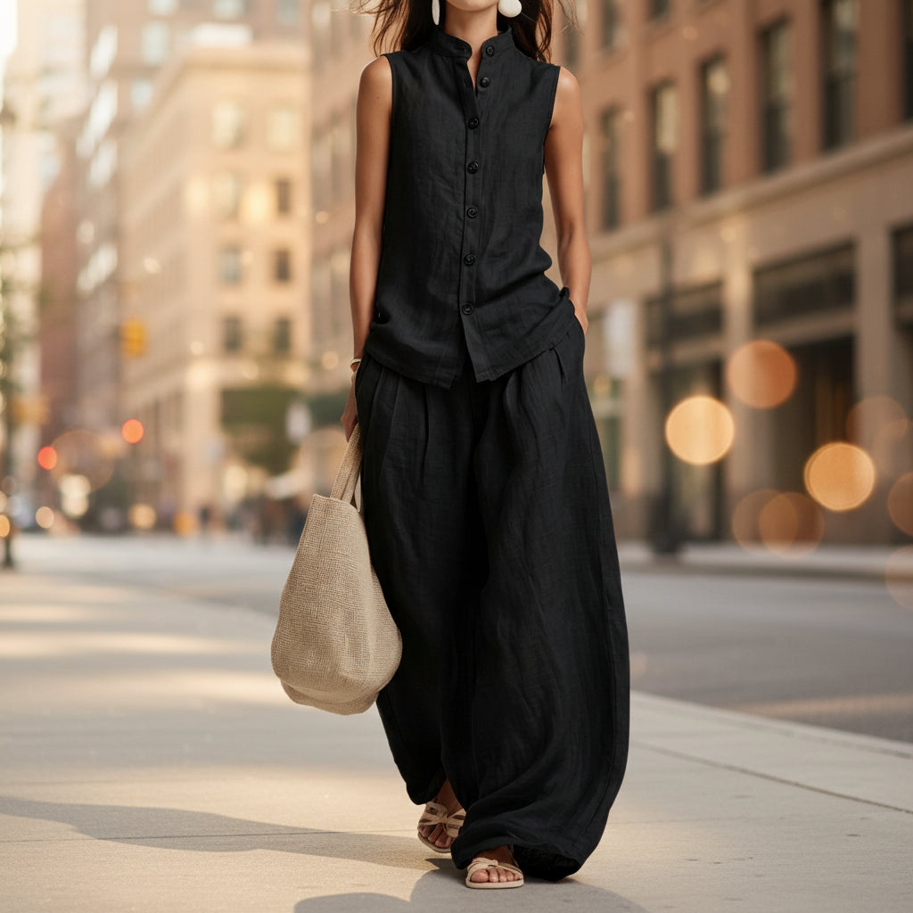 Women's Cotton-Linen Sleeveless Crewneck Vest & Pants Set FitiqueFit