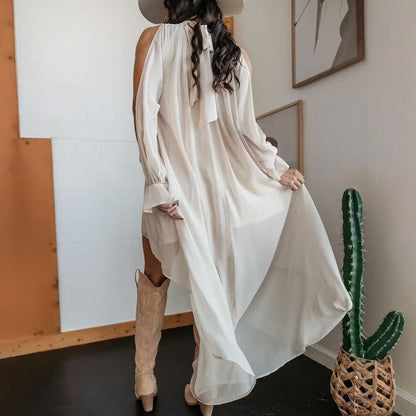 High Neck Asymmetric Maxi Chiffon Dress – Loose Fit Long Sleeve FitiqueFit