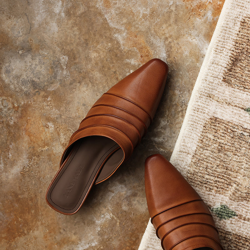 Handmade Sheepskin Ruched Mule Slides – Square Toe Low Heel FitiqueFit