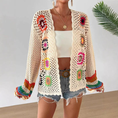Hand-Crocheted Floral Cardigan Sweater | Boho Open Front Knit Top FitiqueFit