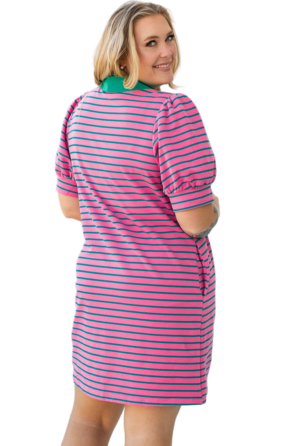 Rose Stripe Collared V Neck Puff Sleeve Shift T Shirt Dress with Pockets Garden Naked Curves