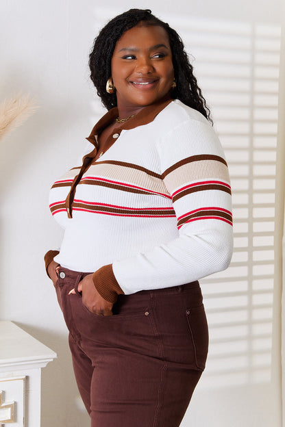 Basic Bae Striped Collared Neck Rib-Knit Top New Era Fashion LLc