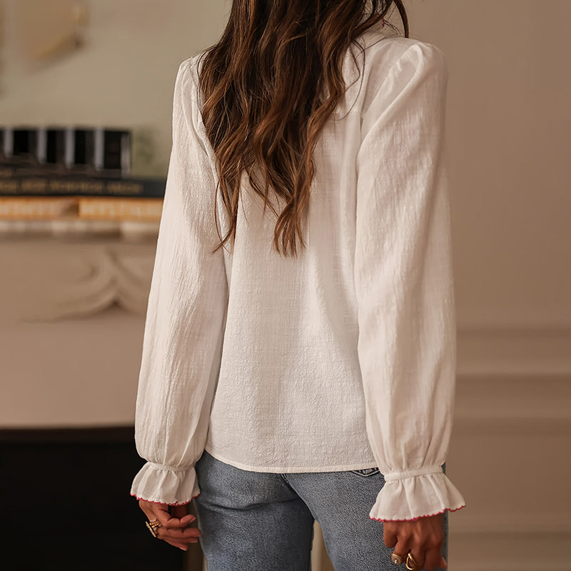 Boho Floral Ruffle Blouse — V-Neck Lantern Sleeve Button-Down Top FitiqueFit