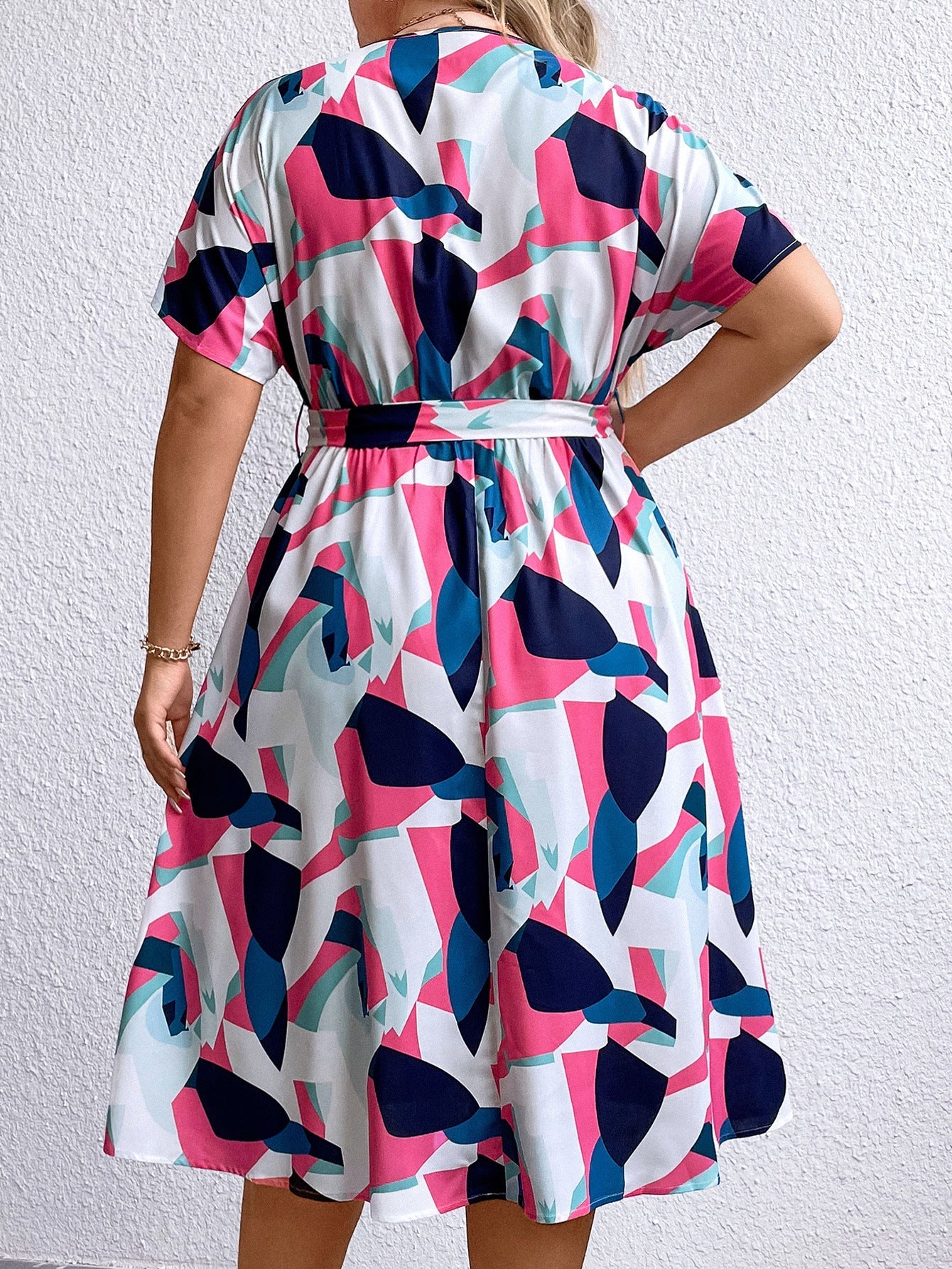 Summer Trendy Geometric Pattern Multi-color Mosaic Women's Plus Size V-neck Dress See size chart under “more details” The Fashion Celestial