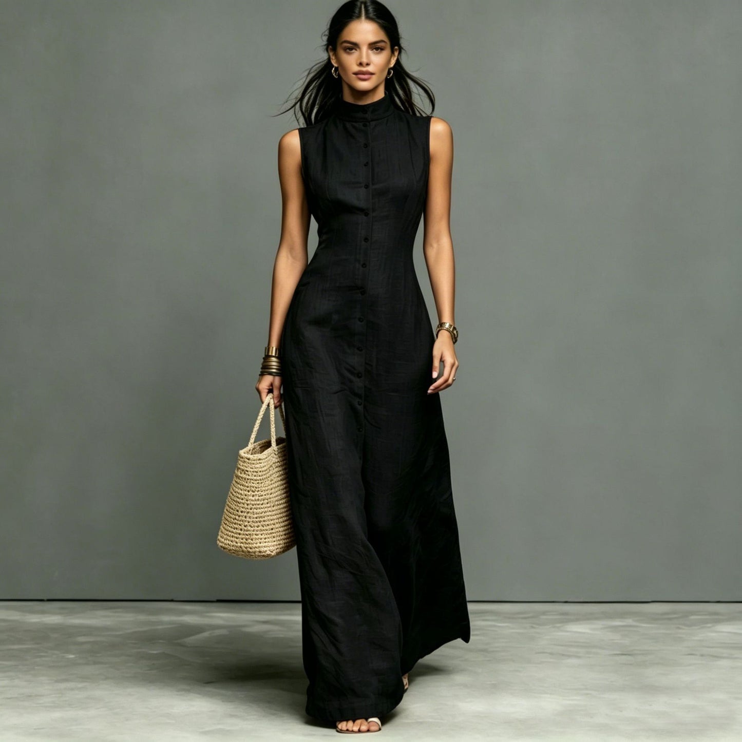 Women's Stand-Collar Single-Breasted Sleeveless Midi Dress FitiqueFit