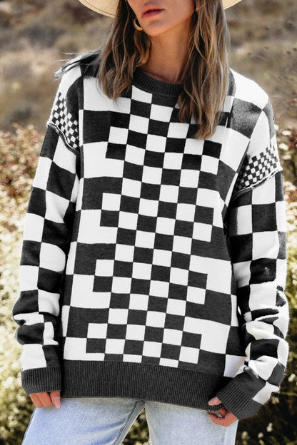 Checker Round Neck Drop Shoulder Sweater Shop Style & More | Fresh Looks, Everyday Deals & Free Shipping