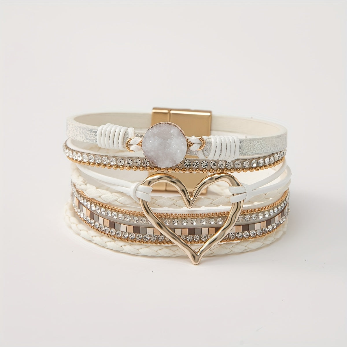[Bohemian Heart Stone Bracelet] Bohemian Multi-Layer PU Leather Bracelet with Magnetic Clasp | Exaggerated Heart Stone Accent, Wide Cuff Statement Piece for Festival & Everyday, Style Layered Bangle - Year-Round Wear NovaCart