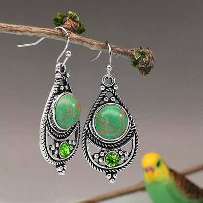 [Vintage Boho Earrings] Green Aventurine Vintage Boho Dangling Earrings | Alloy, English Style, Stainless Steel Ear Needle, for Daily Wear, Office, Street, Party, Vacation, Gift NovaCart