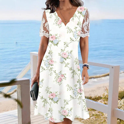 Women's Floral Lace Flounce Neckline High-Waist A-Line Midi Dress FitiqueFit
