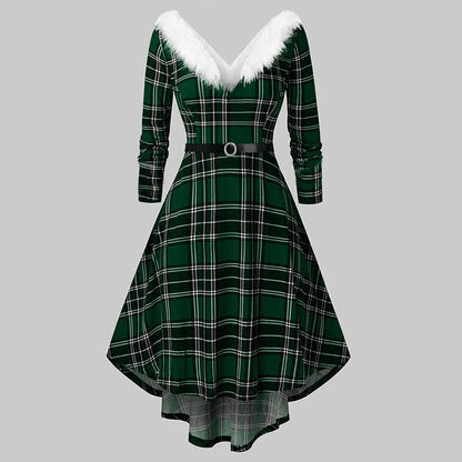 Christmas Women’s Fur Patchwork V-Neck Long-Sleeved Dress FitiqueFit