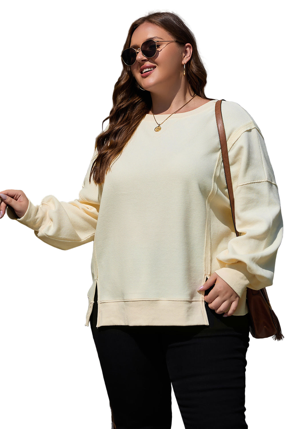White Solid Color Waffle Knit Drop Shoulder Plus Size Sweatshirt Garden Naked Curves