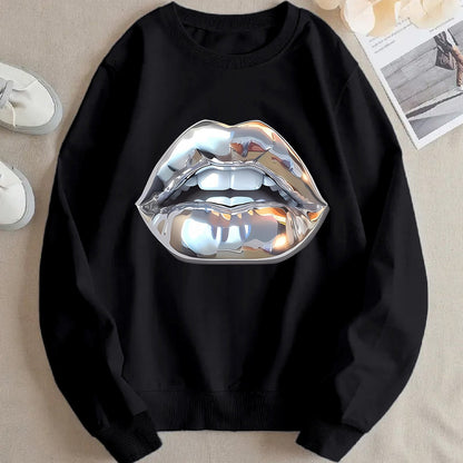 Womens Cartoon Silver Lip-Printed Sweatshirt See size chart under “more details” The Fashion Celestial