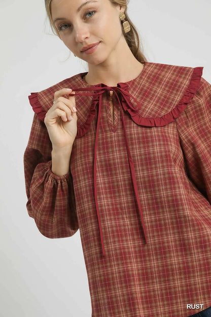 Umgee Full Size Plaid Ruffle Collar Blouse Plus Size Garden Naked Curves