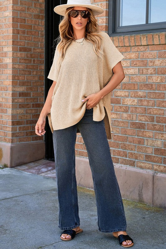 Apricot Short Sleeve Side Slit Oversized Sweater Shop Style & More | Fresh Looks, Everyday Deals & Free Shipping