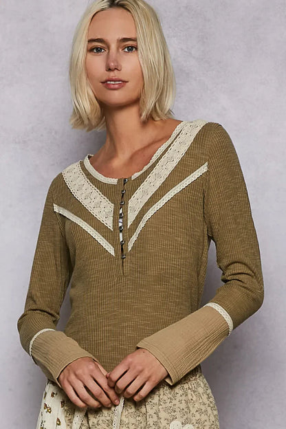 POL Ribbed Half Button Lace Detail Knit Top West2East Surf