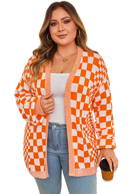 Orange Plus Size Checkered Bubble Sleeve Drop Shoulder Open Cardigan Garden Naked Curves
