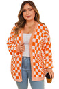 Orange Plus Size Checkered Bubble Sleeve Drop Shoulder Open Cardigan Garden Naked Curves