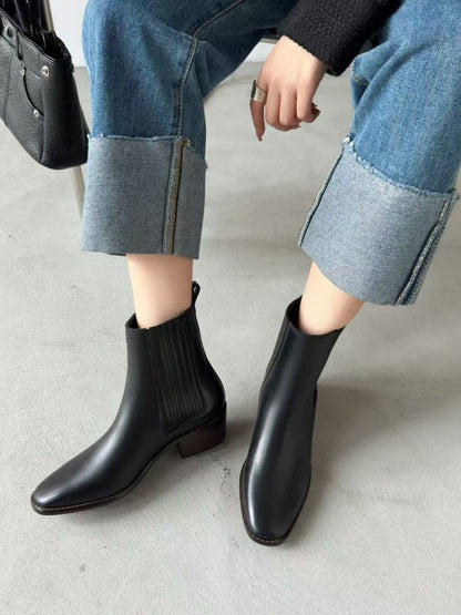 Women’s Retro Square-Toe Mid-Heel Chunky Leather Boots FitiqueFit