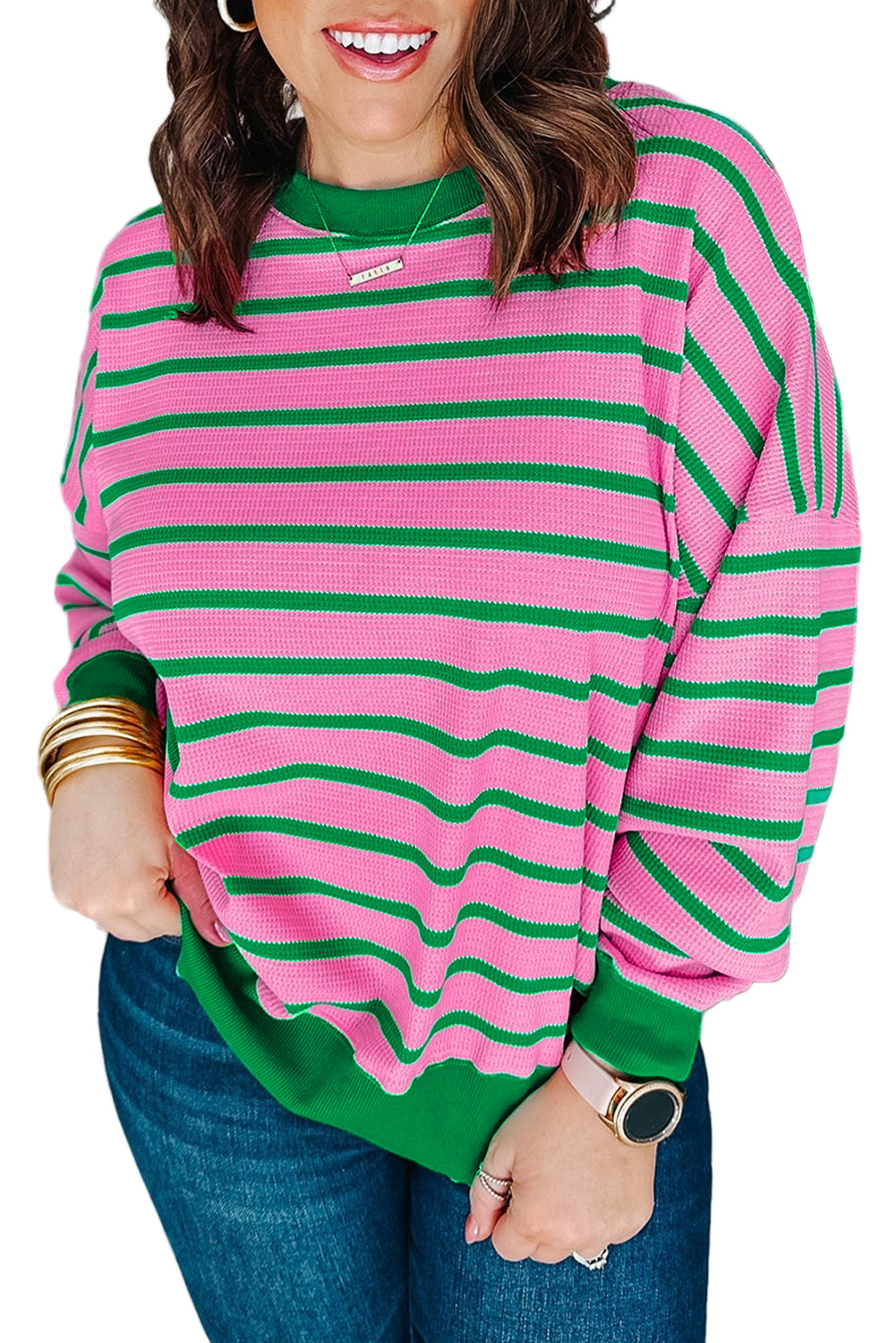 Pink Stripe Waffle Knit Crew Neck Plus Size Sweatshirt Garden Naked Curves