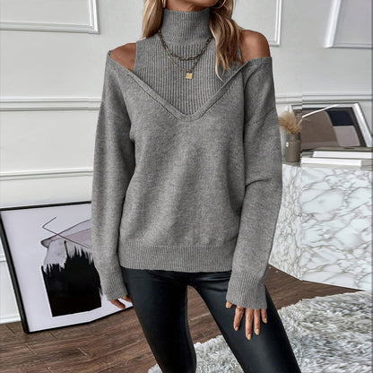 Women’s Elegant Off-Shoulder Turtleneck Sweater — Long Sleeve Knit Top FitiqueFit