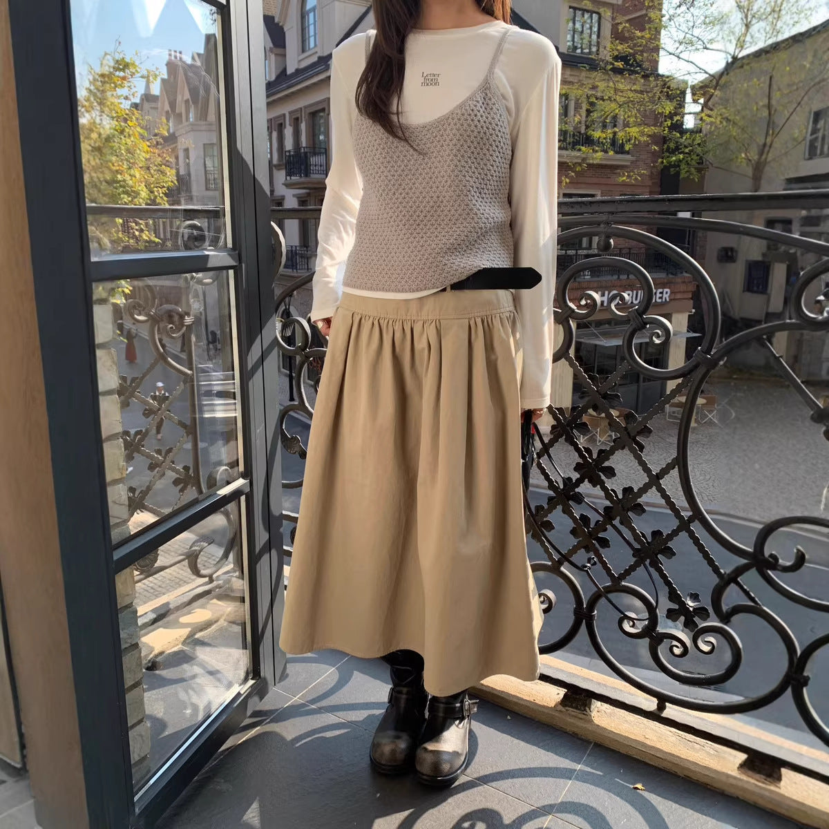 Relaxed A-Line Crushed Pleat Cotton Midi Skirt with Belt FitiqueFit