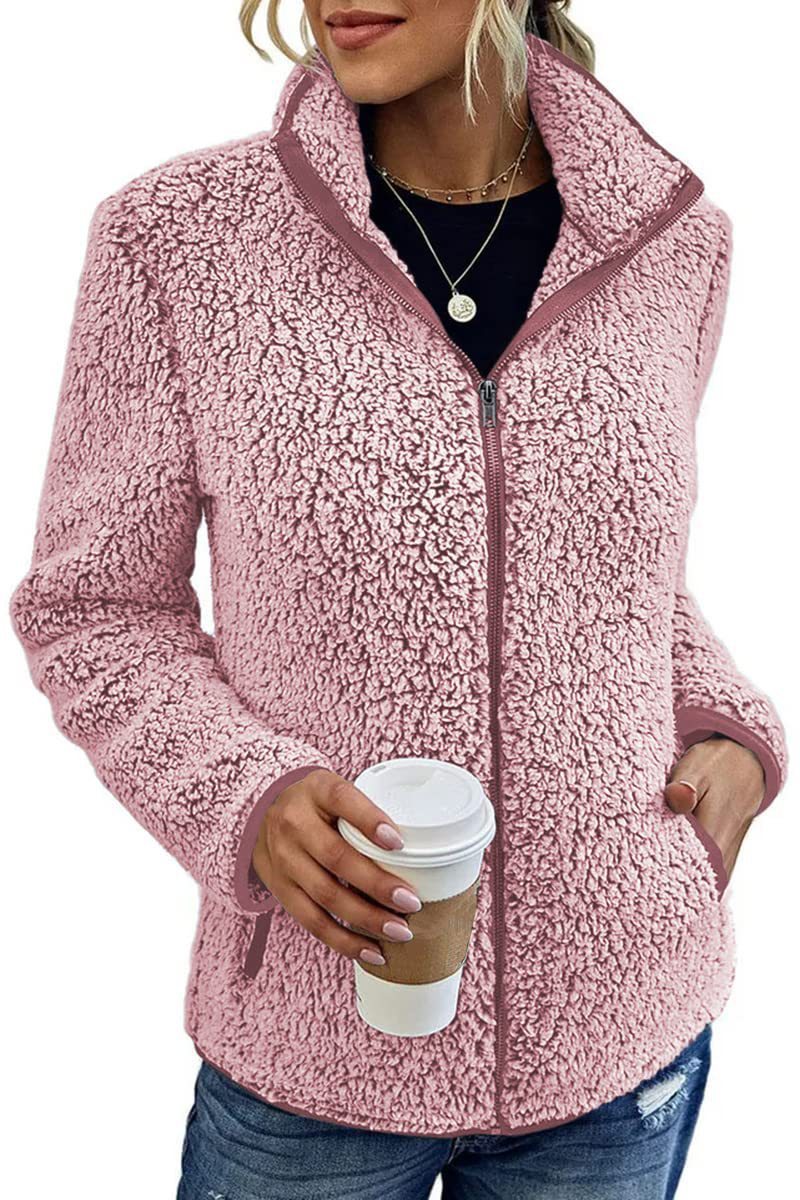 Fall Winter Warm Sweatshirt Stand Collar Solid Color Top Sweater Women's Casual Fashion Long Sleeve Zipper Bubble Velvet Coat Tops Grayceful LLC