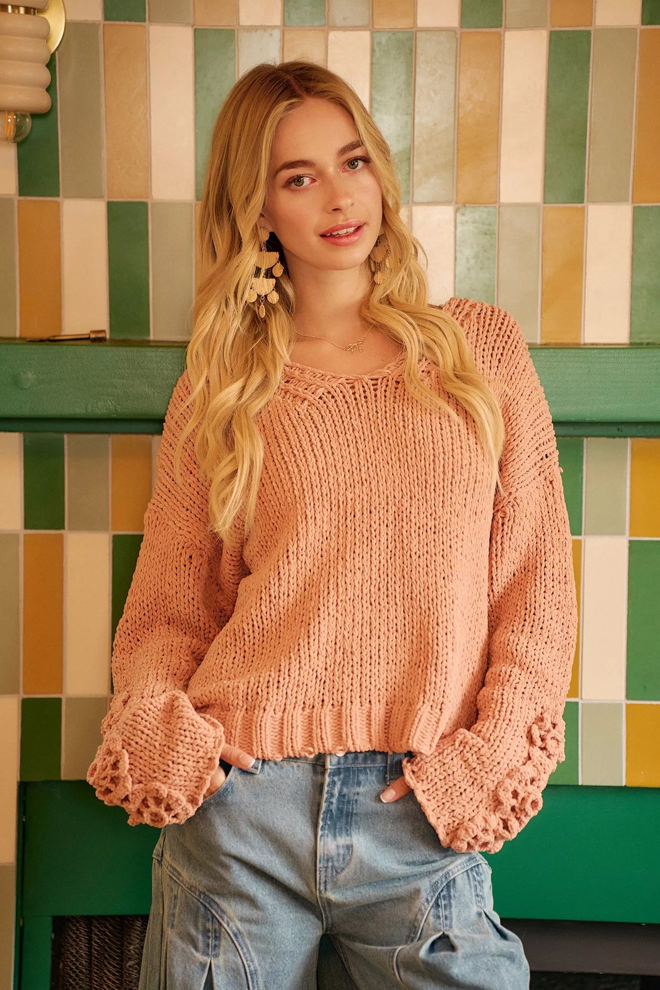 BiBi Chunky Knit Sweater with Flower Detail Sleeves FitiqueFit