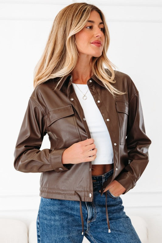 Leather Drawstring Hem Pocketed Jacket See size chart under “more details” The Fashion Celestial