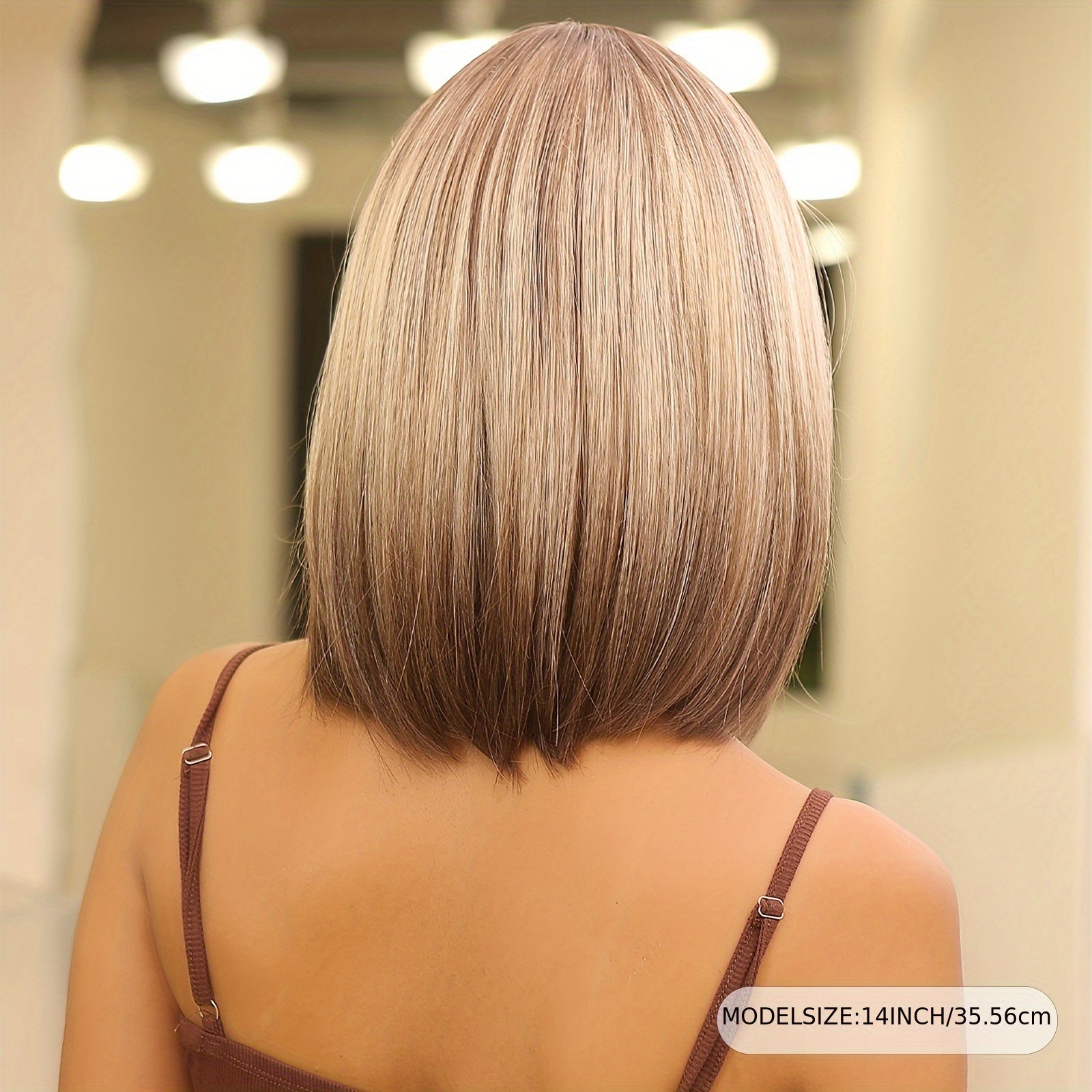 Elegant 14 inch Gray Ombre Brown Bob Wig for Women with Bangs, Shoulder Length Straight Hair Wig, High Temperature Fiber, Rose Net Cap, Natural Look NovaCart