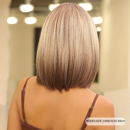 Elegant 14 inch Gray Ombre Brown Bob Wig for Women with Bangs, Shoulder Length Straight Hair Wig, High Temperature Fiber, Rose Net Cap, Natural Look NovaCart