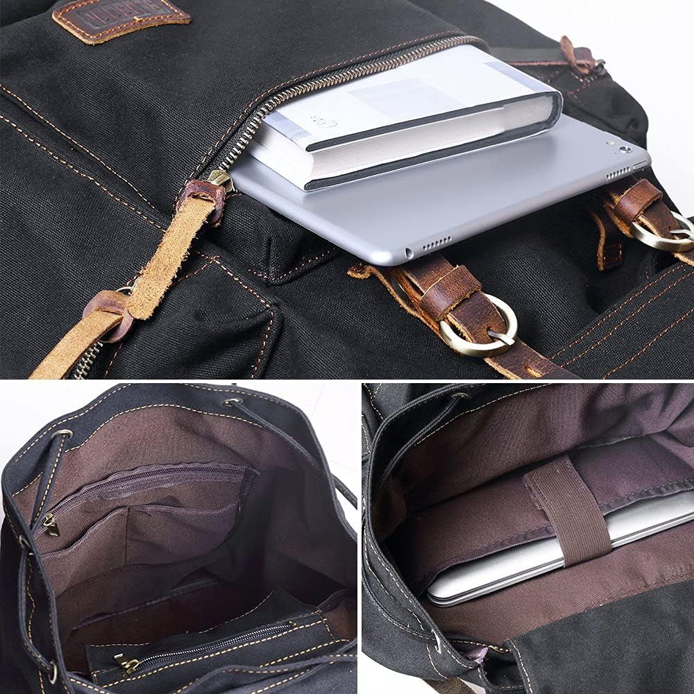 Vintage Backpack Leather Trim Casual Bookbag Men Women Laptop Travel Rucksack