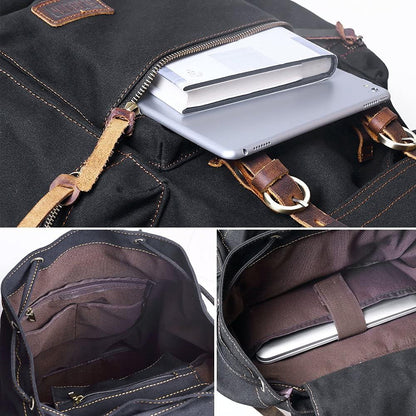Vintage Backpack Leather Trim Casual Bookbag Men Women Laptop Travel Rucksack