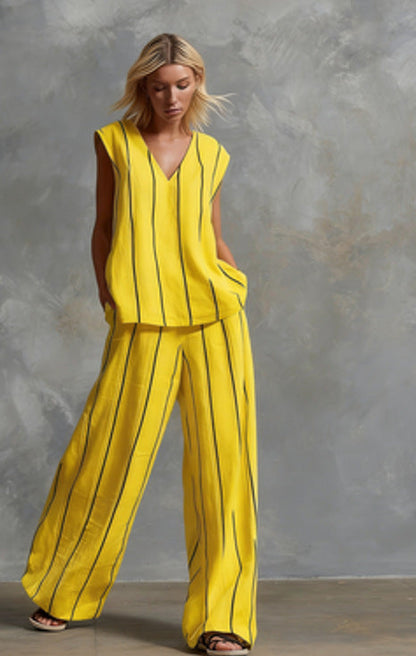 Women’s Sleeveless Striped Top and Full-Length Pants Set FitiqueFit